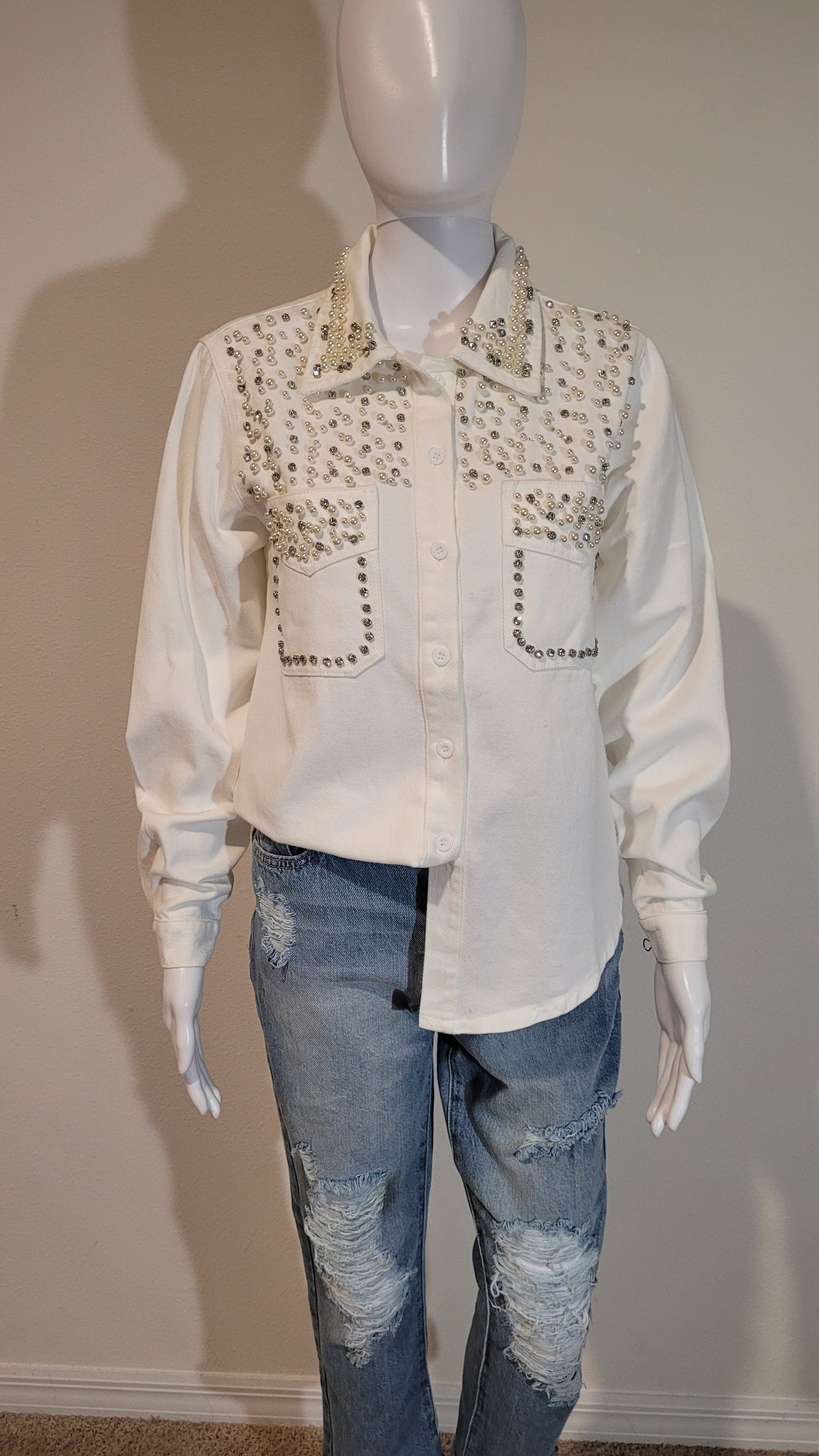 Denim Blouse Pearls White