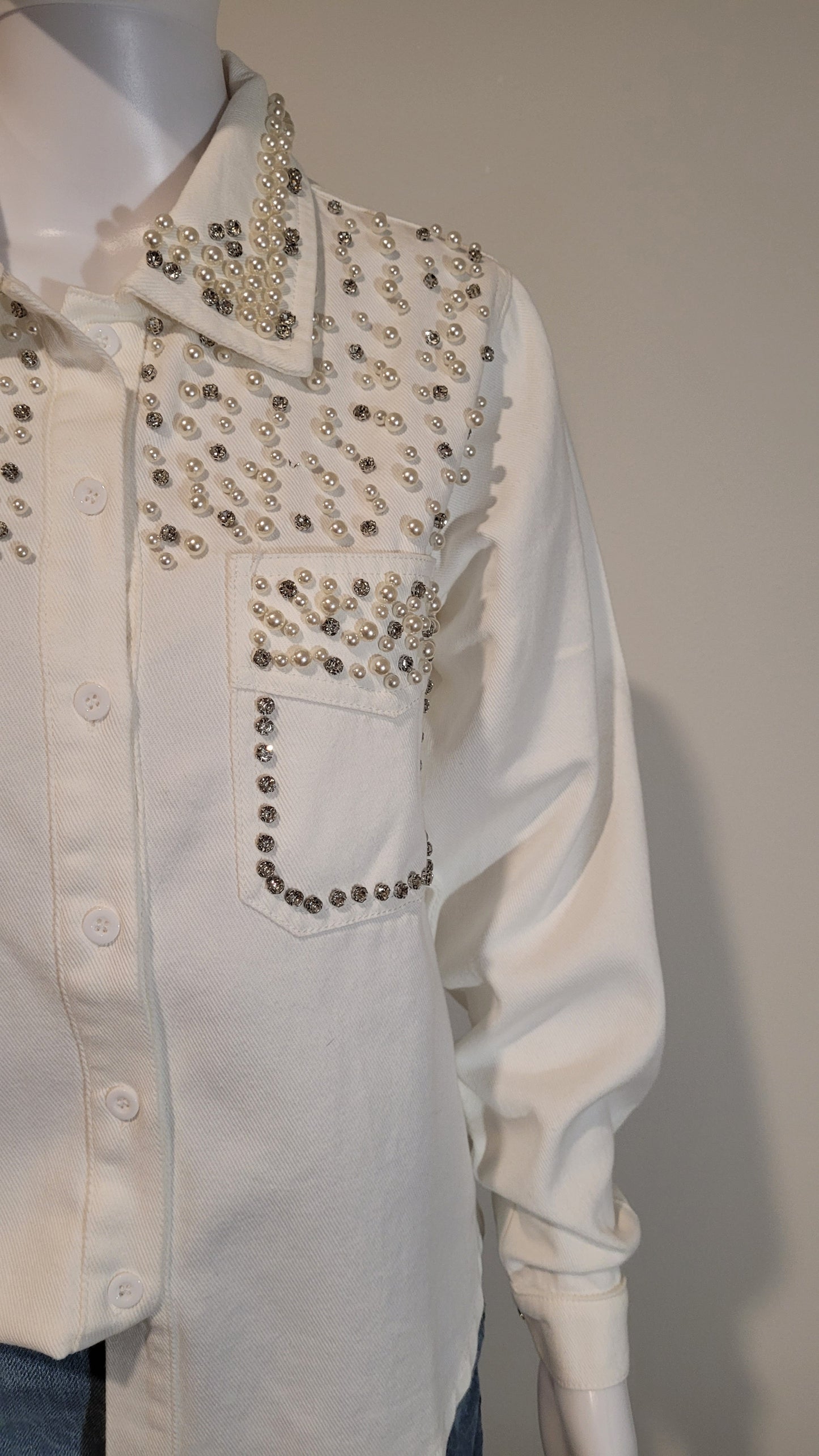 Denim Blouse Pearls White