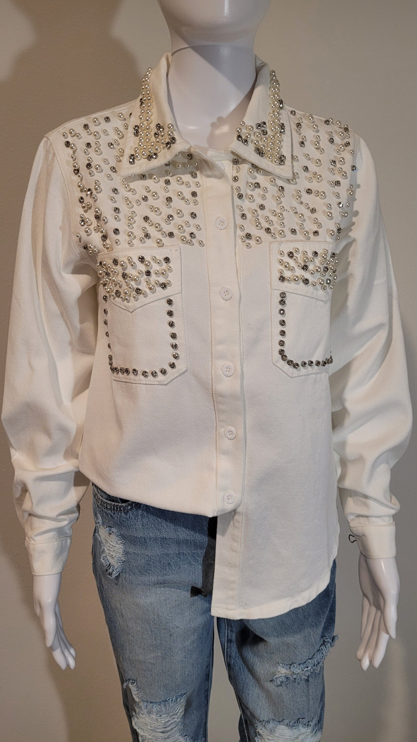 Denim Blouse Pearls White