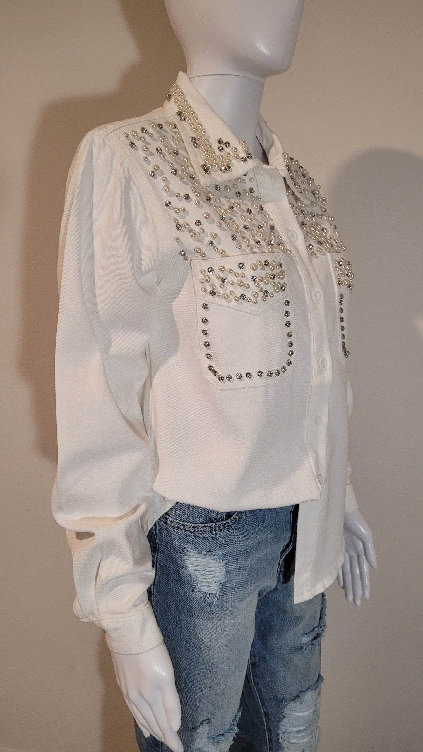 Denim Blouse Pearls White
