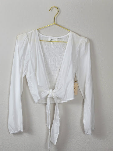 White Long Sleeve Blouse with Tie Front