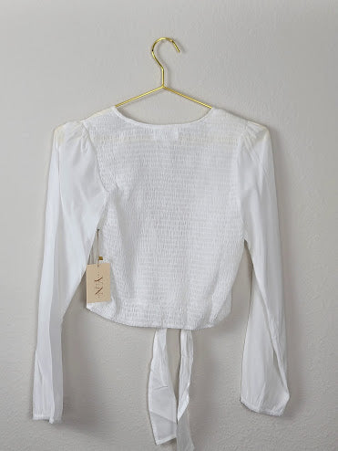 White Long Sleeve Blouse with Tie Front