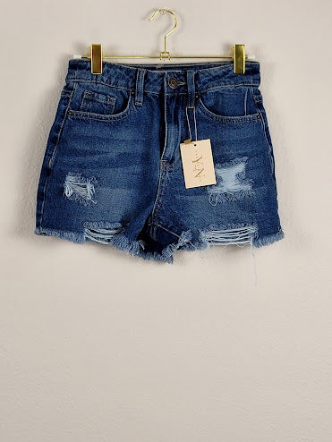 Dark Wash High Waisted Distressed Denim Shorts