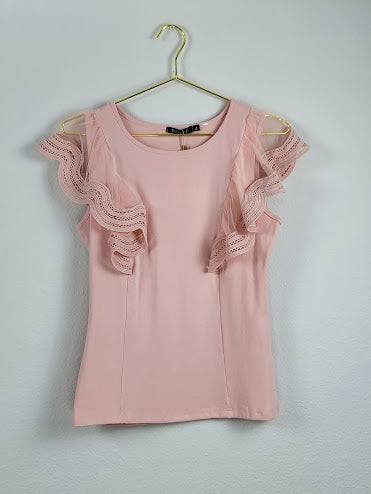 Pink Lace Ruffle Sleeve Blouse