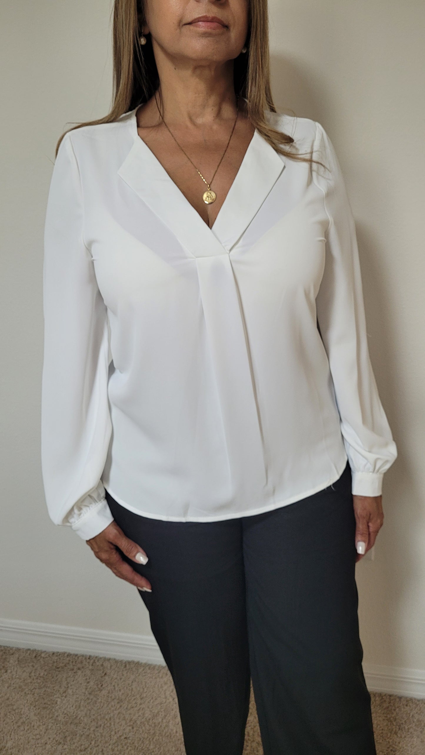 SOLID V NECK ROLL-UP LONG SLEEVE BLOUSE