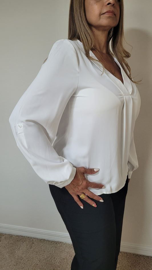 SOLID V NECK ROLL-UP LONG SLEEVE BLOUSE