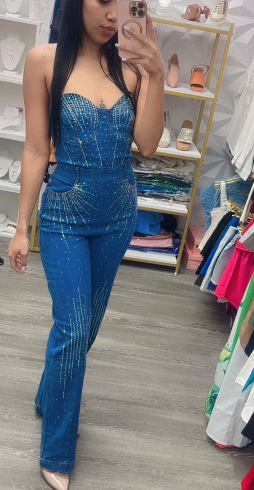 JUMPSUIT STRAPLESS JEAN WITH RHINESTONES