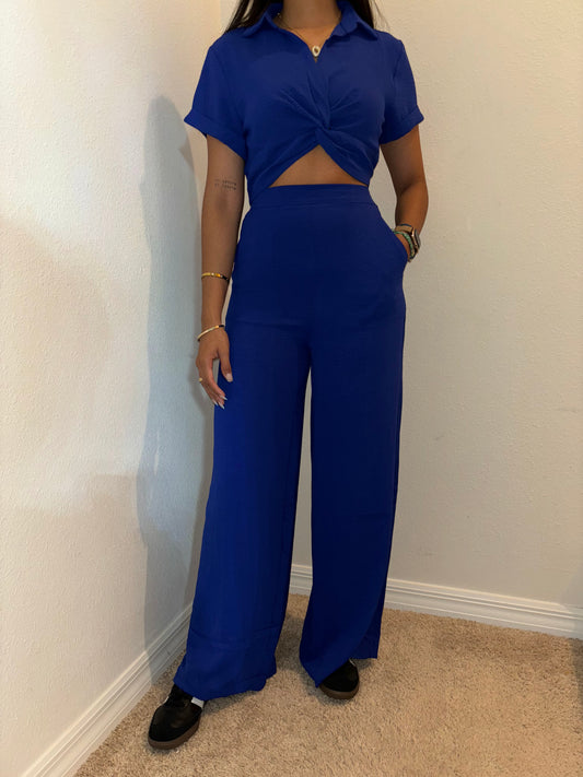 Blue Set Short Sleeve Top & Leg Flowy Pants