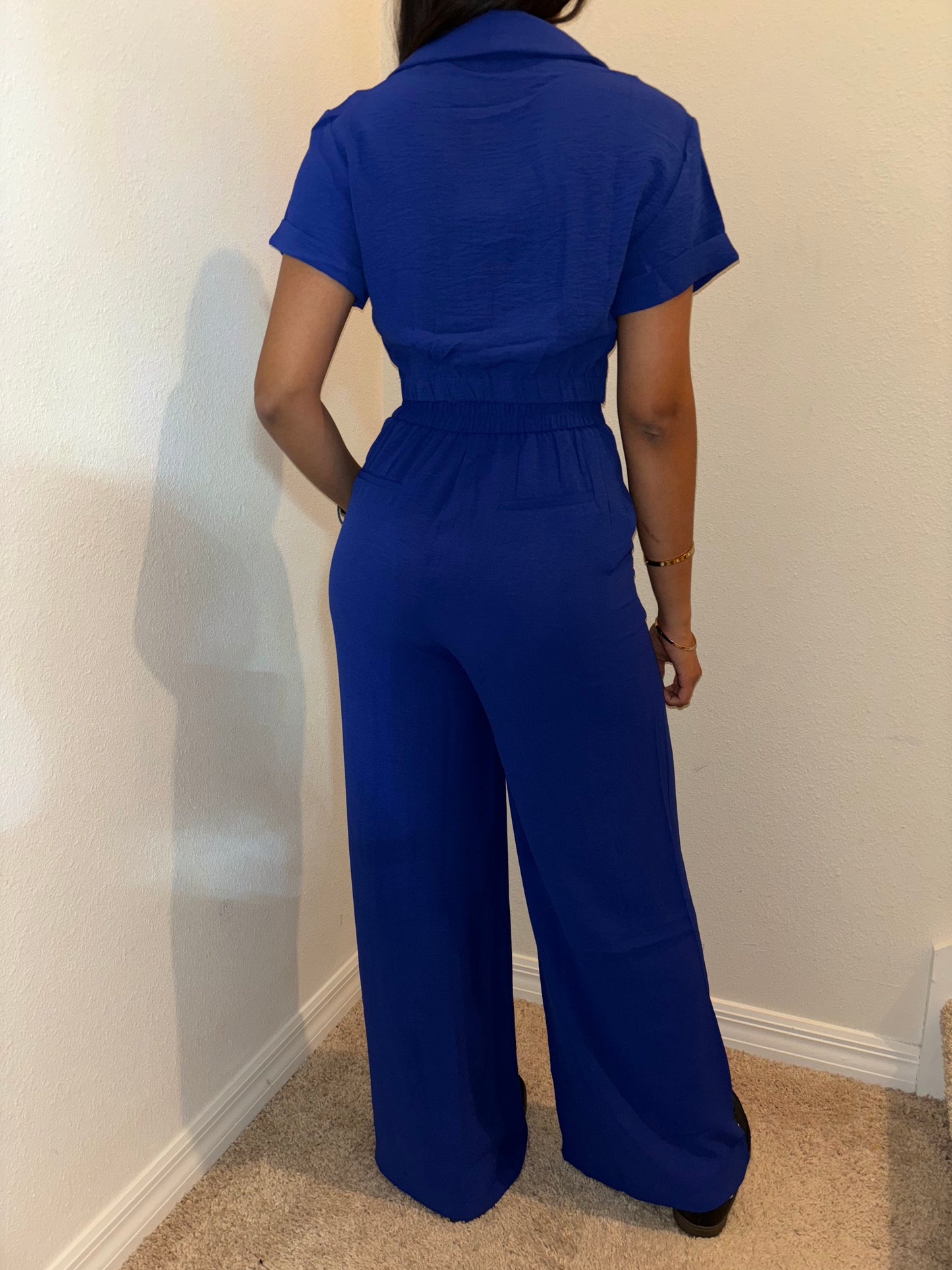 BLUE SET SHORT SLEEVE TOP & LEG FLOWY PANTS