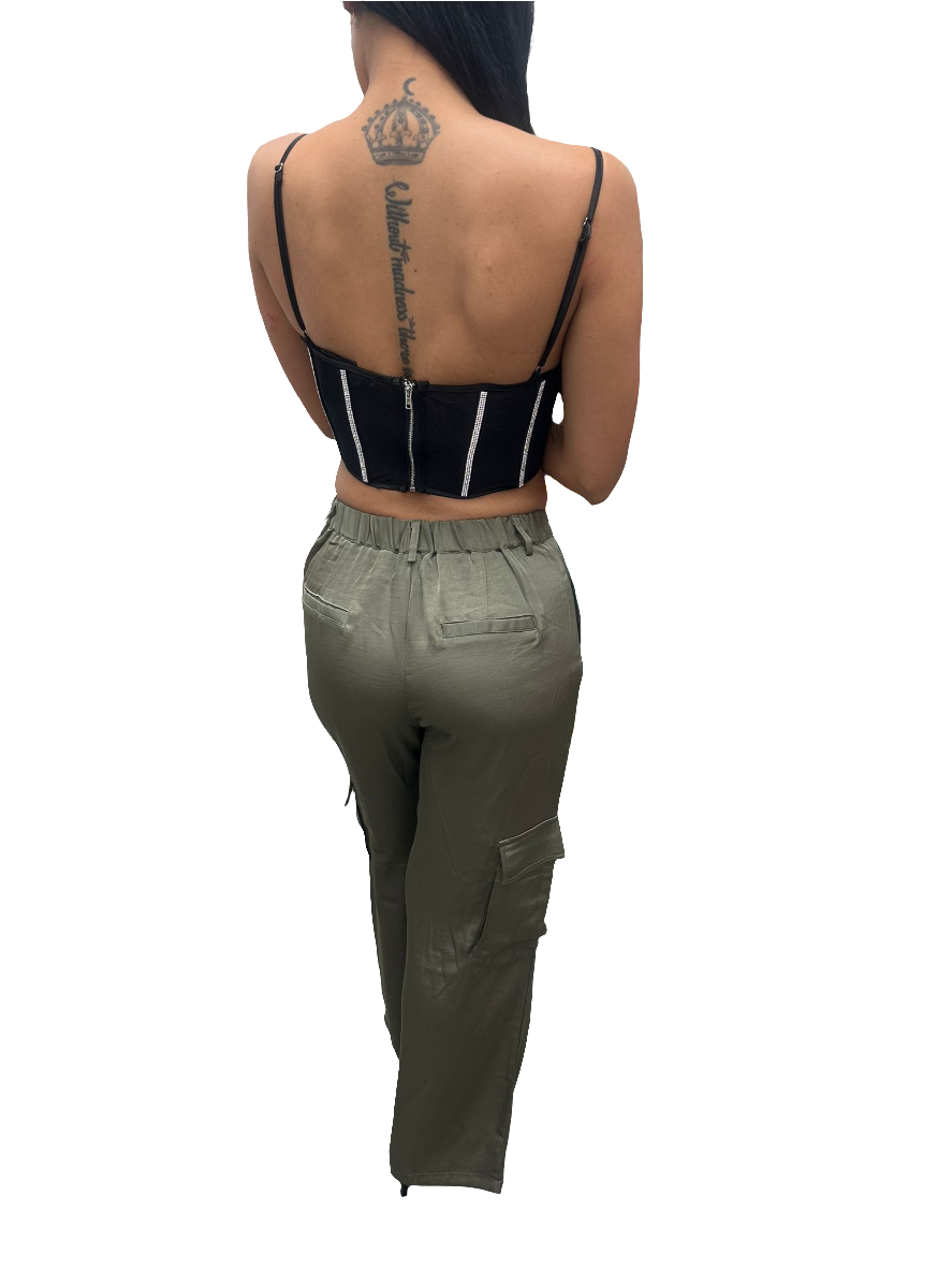 SATIN CARGO WIDE LEG PANTS