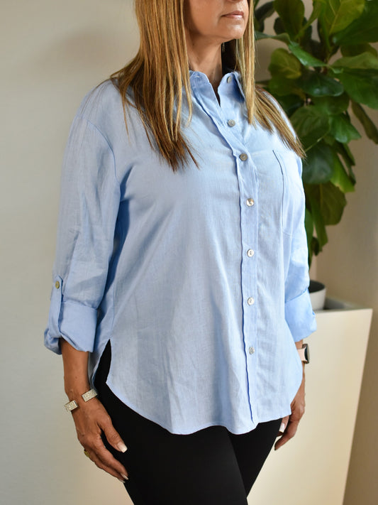 Light Blue Linnen Long Sleeve Button Up