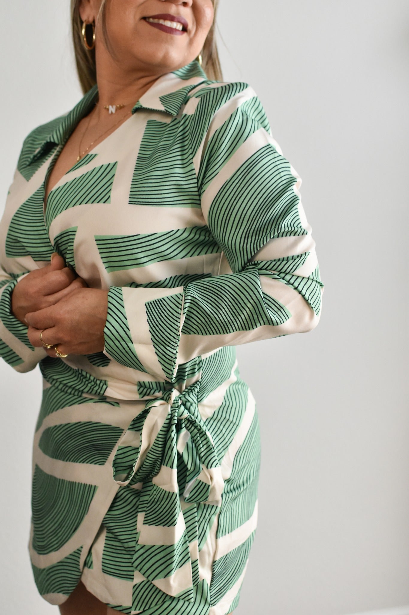 Beige Dress with Green Shapes