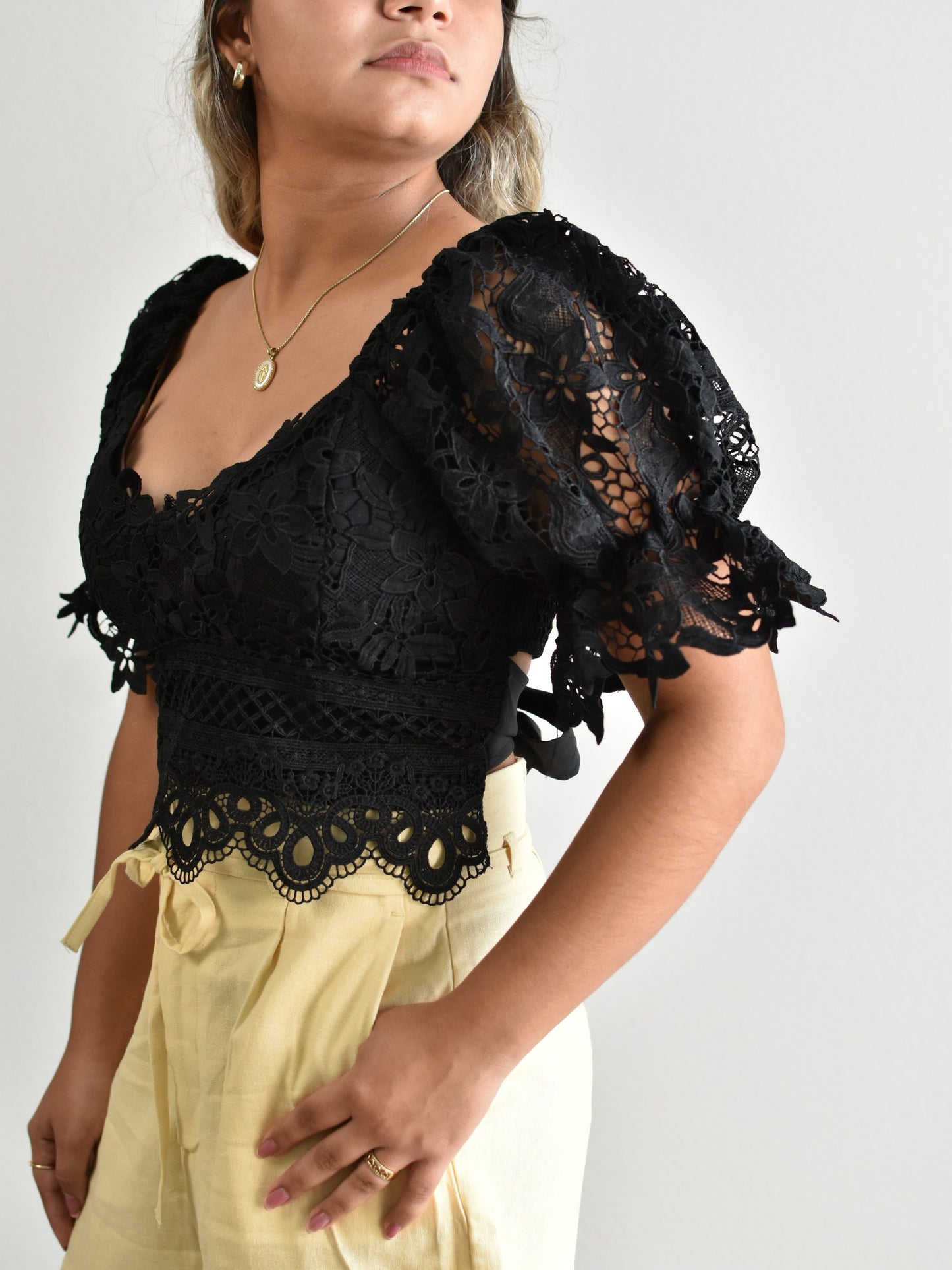 Black Puff Sleeve Lace Blouse