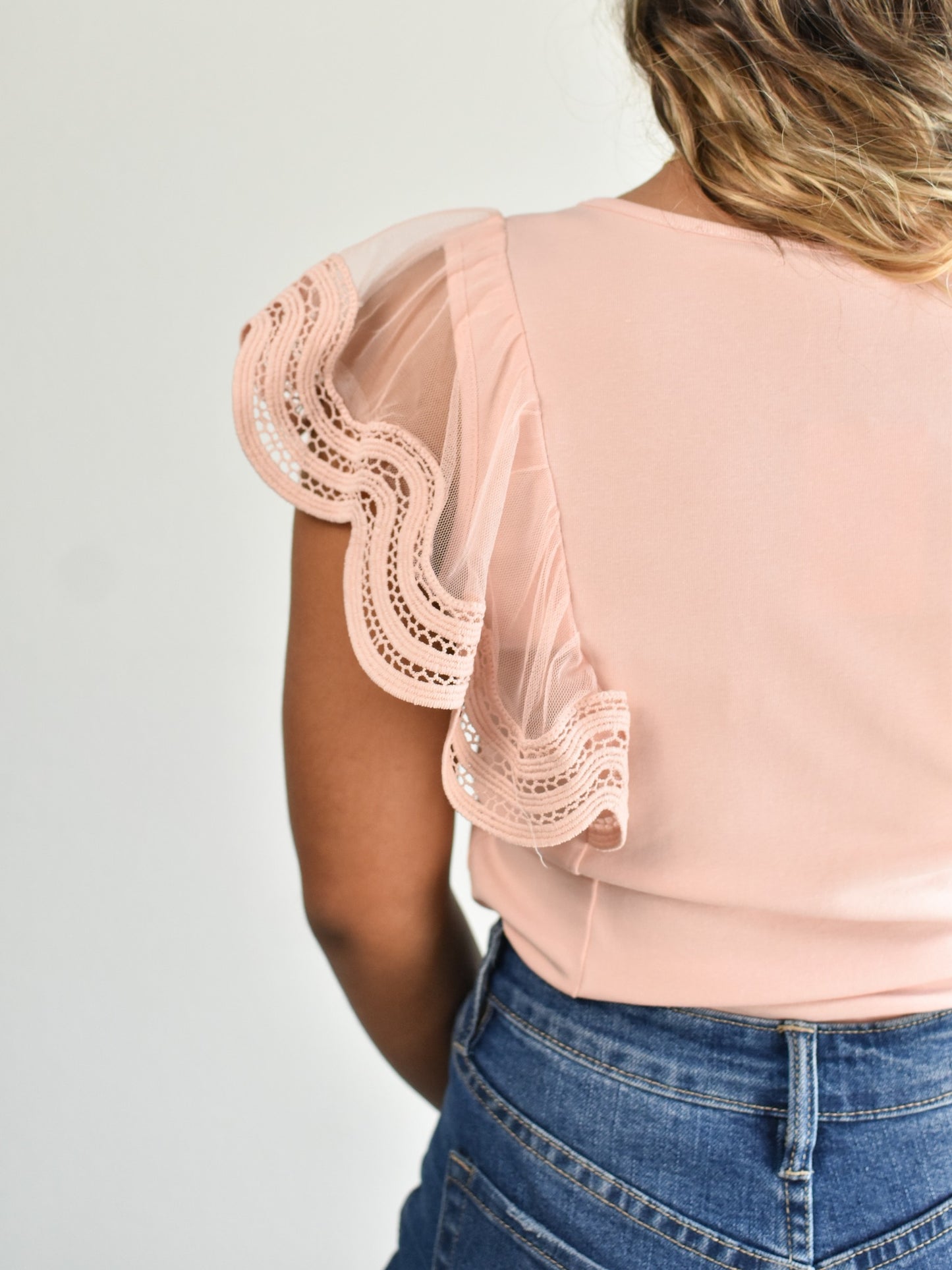 Pink Lace Ruffle Sleeve Blouse