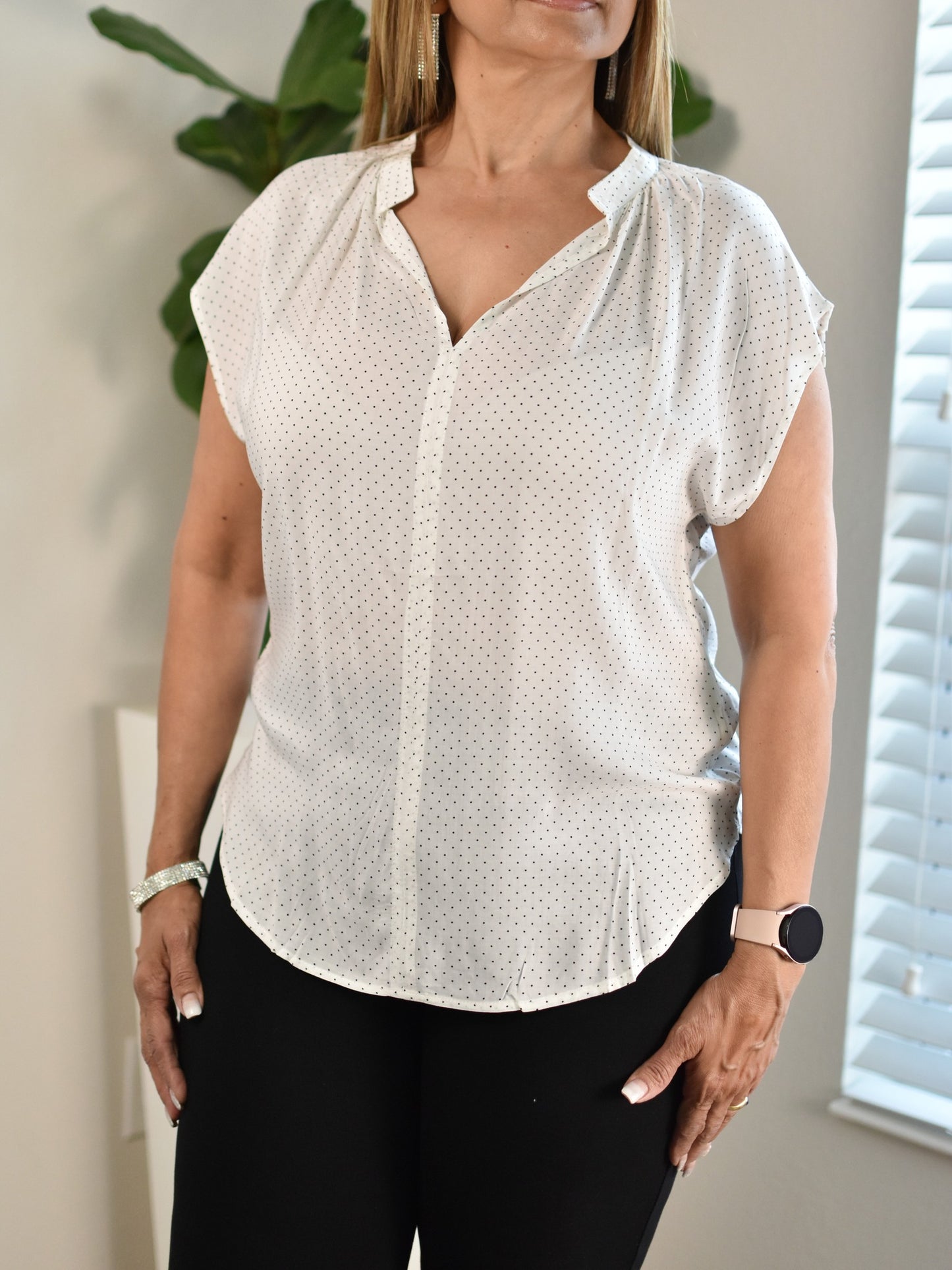 White Button Up Blouse with Dots