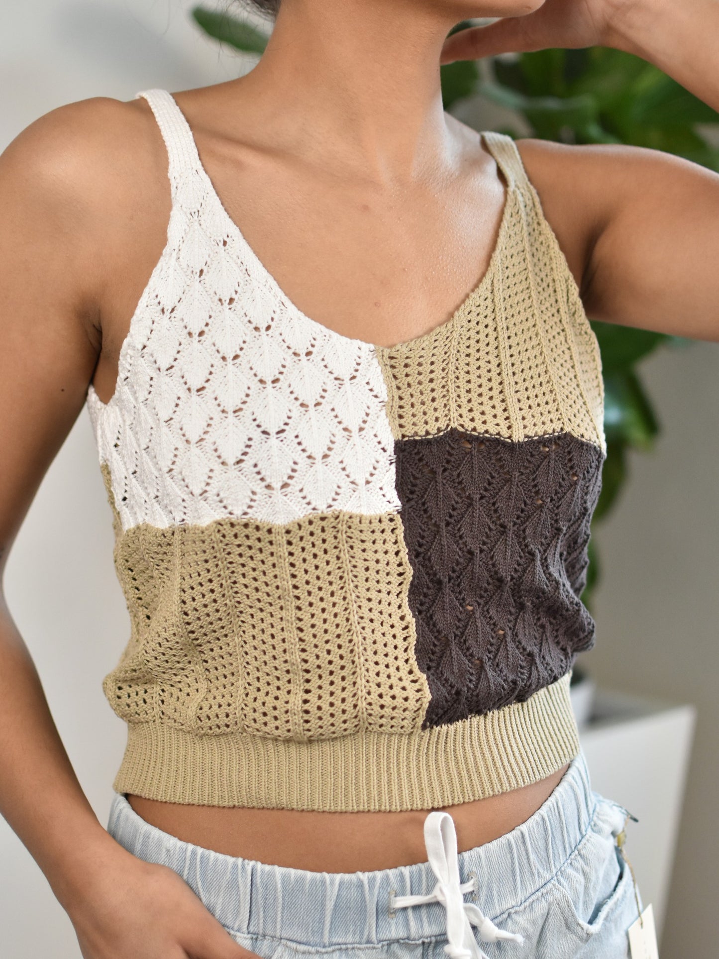 Camisola de patchwork de punto beige